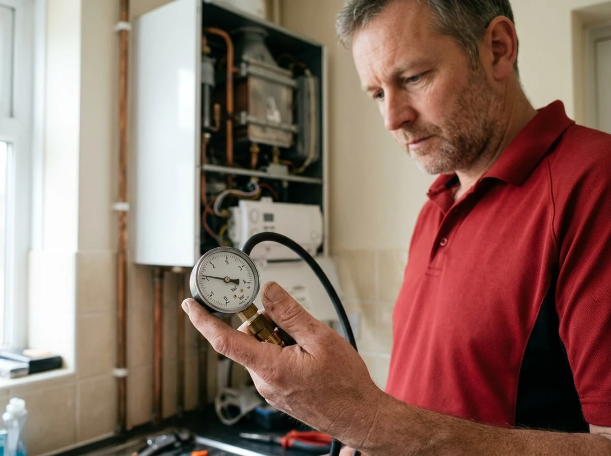 Shepperton Plumbers engineer checking boiler pressure with a gauge during a boiler repair in Shepperton