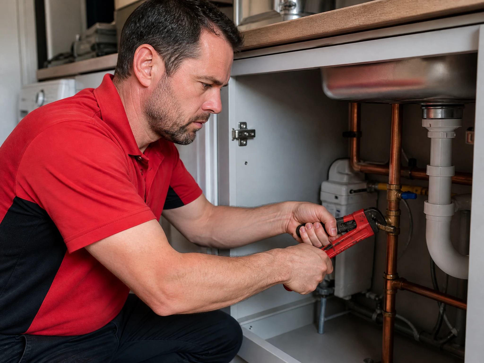 Shepperton Plumbers engineer tightening a stopcock under a sink during an emergency plumbing repair in Shepperton